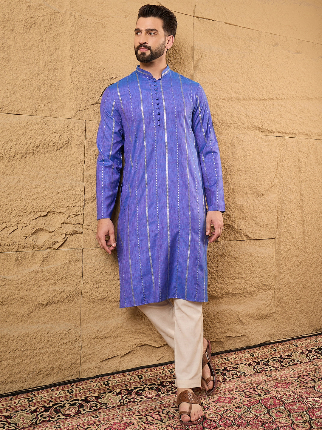 Ethnic Bay Men Blue Cotton Solid Embroidered Straight Kurta-MKU1123