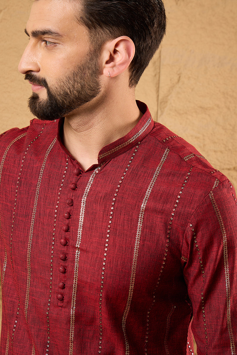 Maroon Cotton Solid Embroidered Sequins Straight Kurta HOPMKU1124 | De