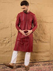 Ethnic Bay Men Maroon Cotton Solid Embroidered Straight Kurta-MKU1124