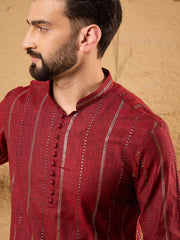 Ethnic Bay Men Maroon Cotton Solid Embroidered Straight Kurta-MKU1124