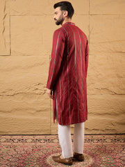 Ethnic Bay Men Maroon Cotton Solid Embroidered Straight Kurta-MKU1124