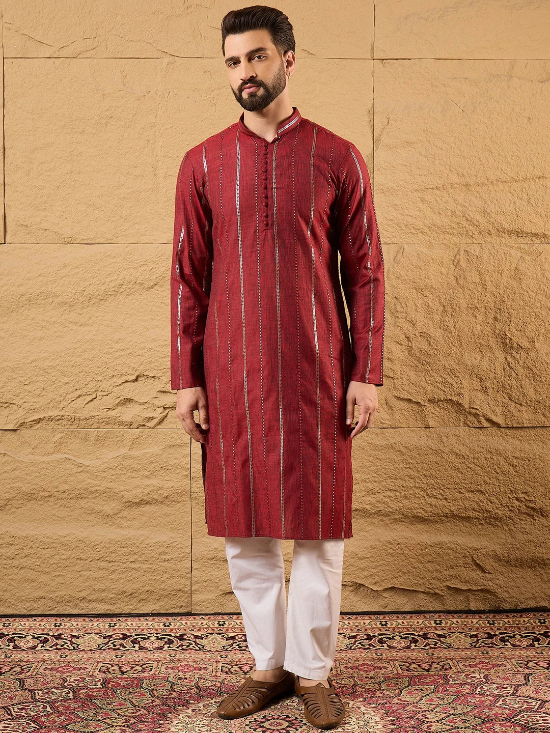 Ethnic Bay Men Maroon Cotton Solid Embroidered Straight Kurta-MKU1124