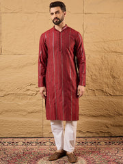 Ethnic Bay Men Maroon Cotton Solid Embroidered Straight Kurta-MKU1124