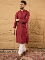 Ethnic Bay Men Maroon Cotton Solid Embroidered Straight Kurta-MKU1124
