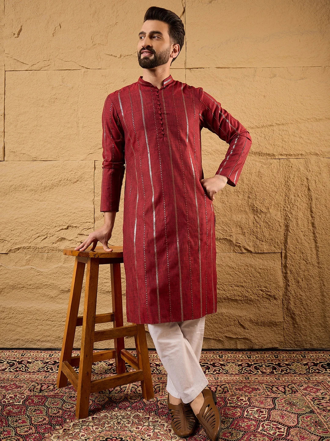 Ethnic Bay Men Maroon Cotton Solid Embroidered Straight Kurta-MKU1124
