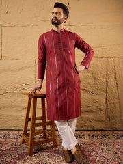 Ethnic Bay Men Maroon Cotton Solid Embroidered Straight Kurta-MKU1124