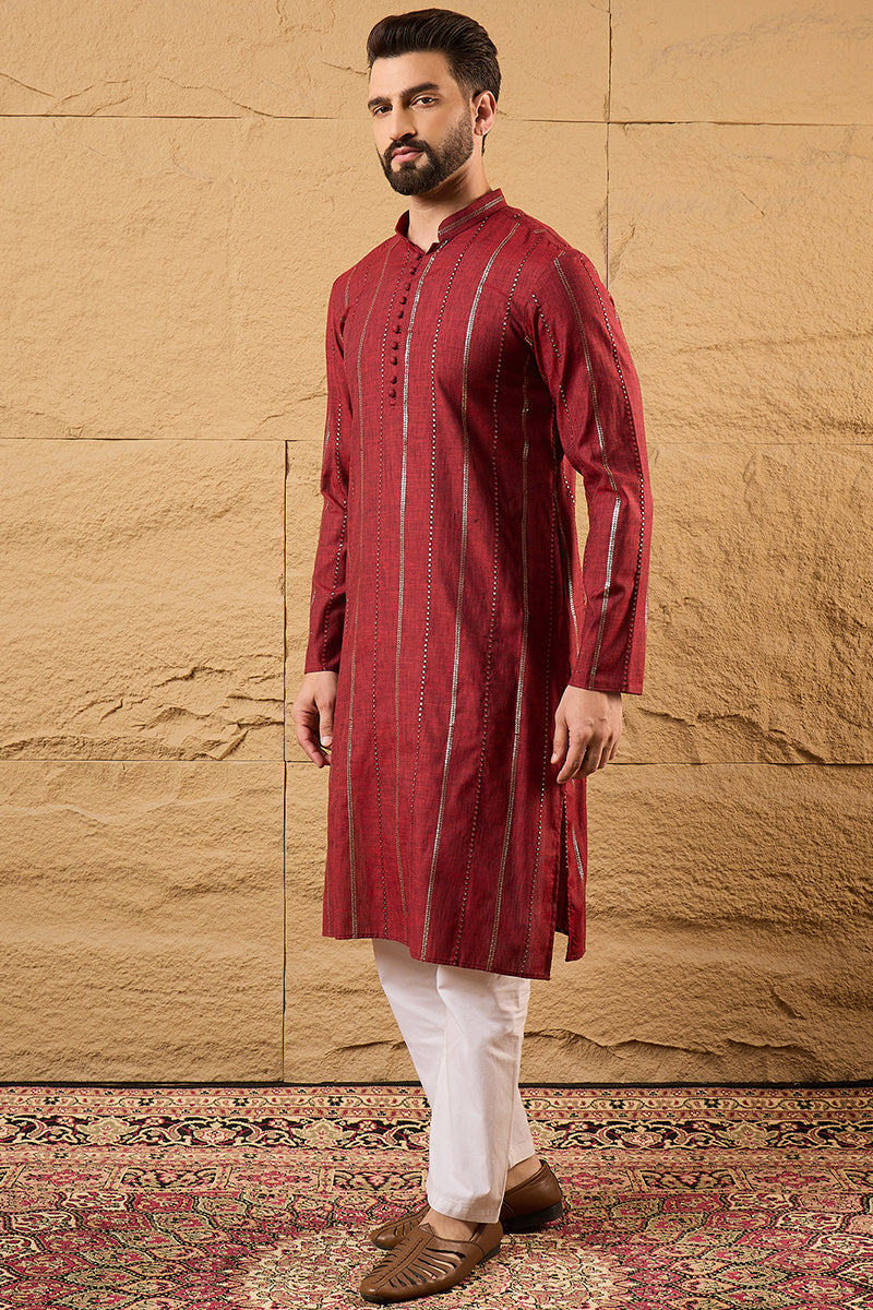 Maroon Cotton Solid Embroidered Sequins Straight Kurta HOPMKU1124 | De