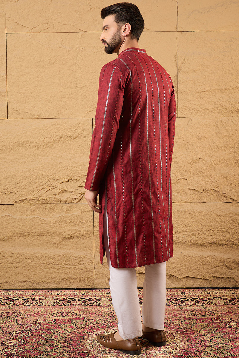 Maroon Cotton Solid Embroidered Sequins Straight Kurta HOPMKU1124 | De