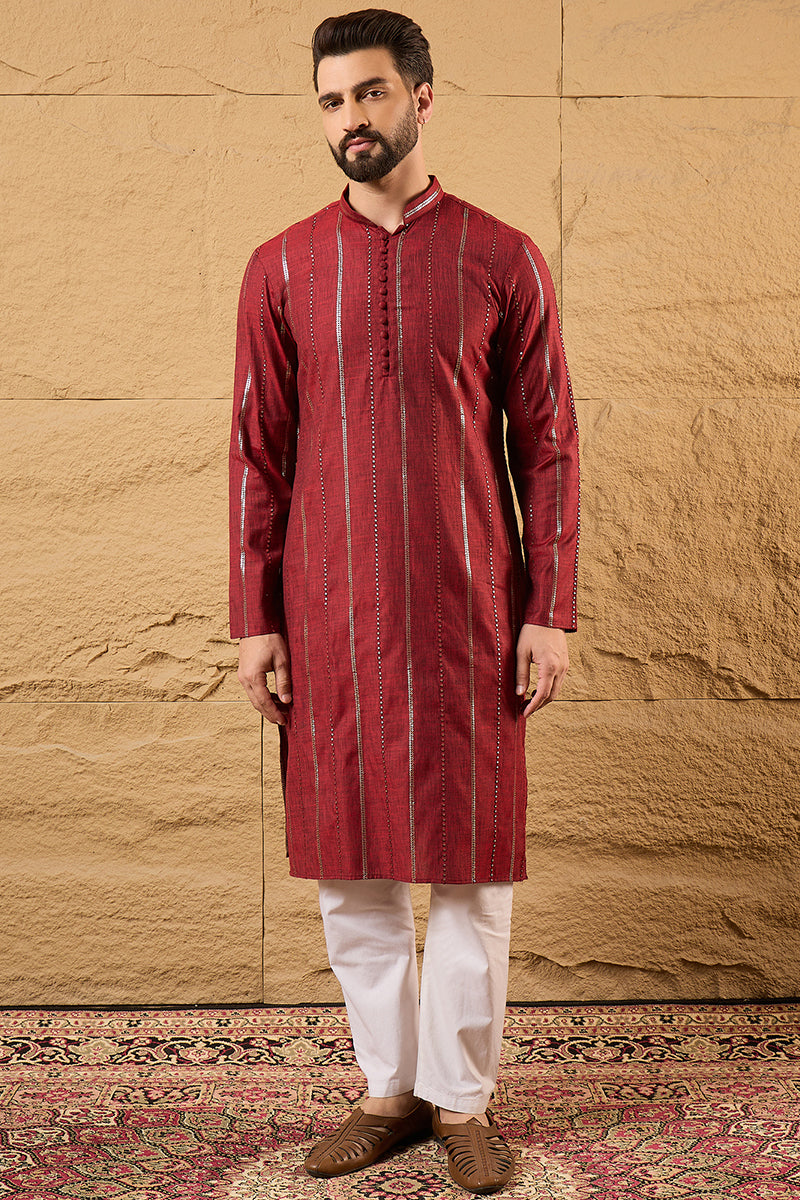 Maroon Cotton Solid Embroidered Sequins Straight Kurta HOPMKU1124 | De