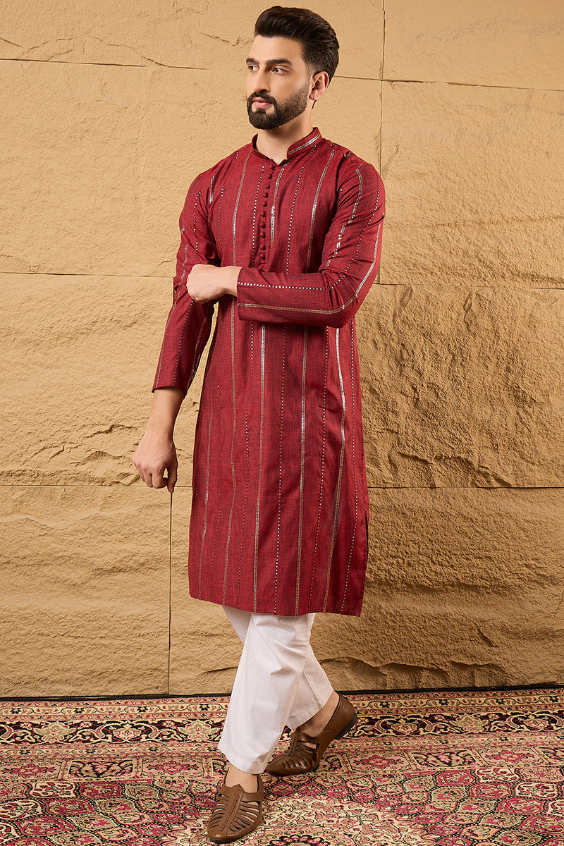 Maroon Cotton Solid Embroidered Sequins Straight Kurta HOPMKU1124 | De
