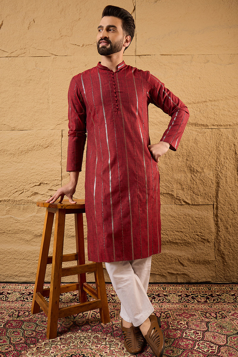 Maroon Cotton Solid Embroidered Sequins Straight Kurta HOPMKU1124 | De