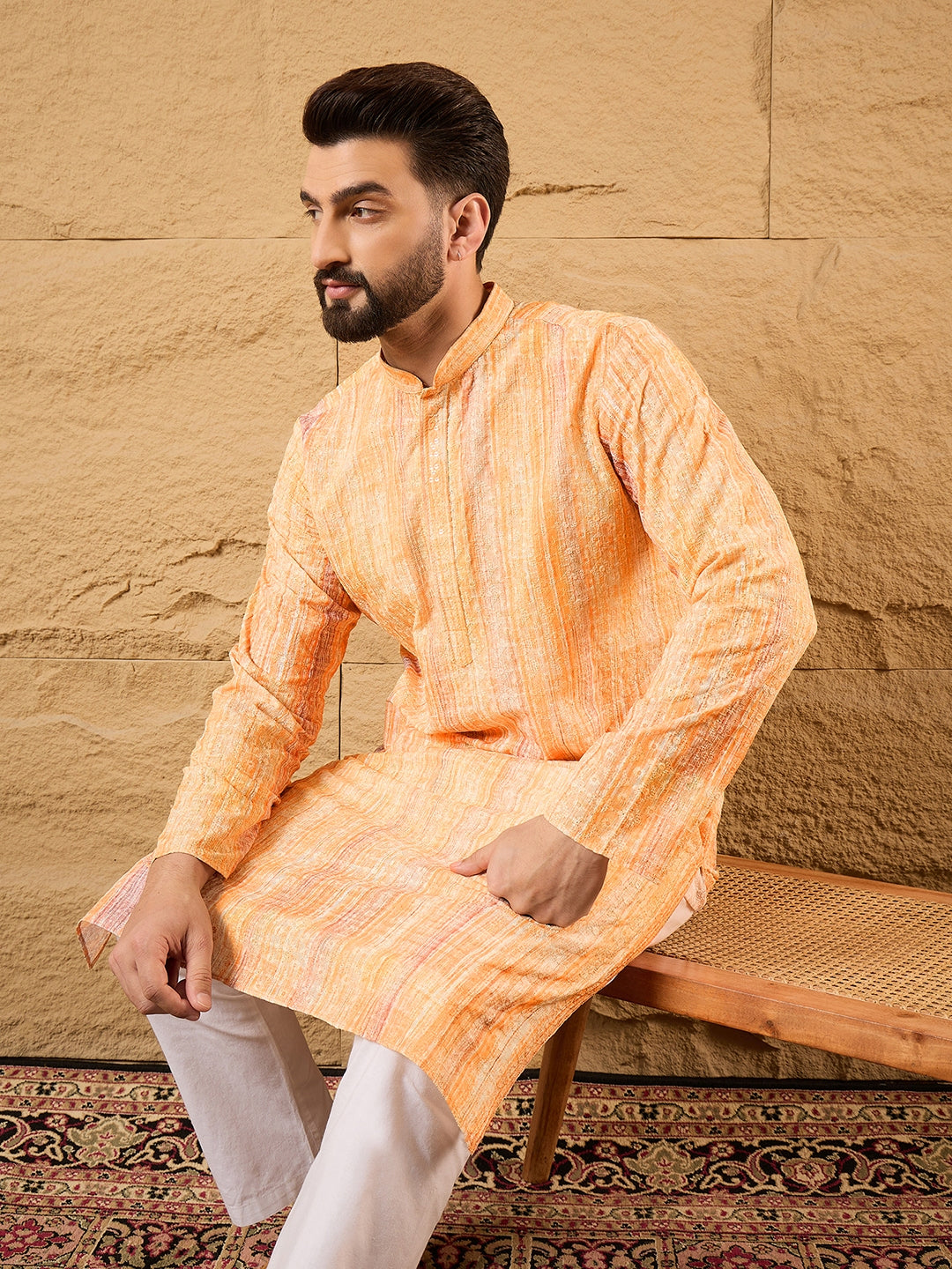 Ethnic Bay Men Orange Viscose Rayon Abstract Embroidered Straight Kurta-MKU1125