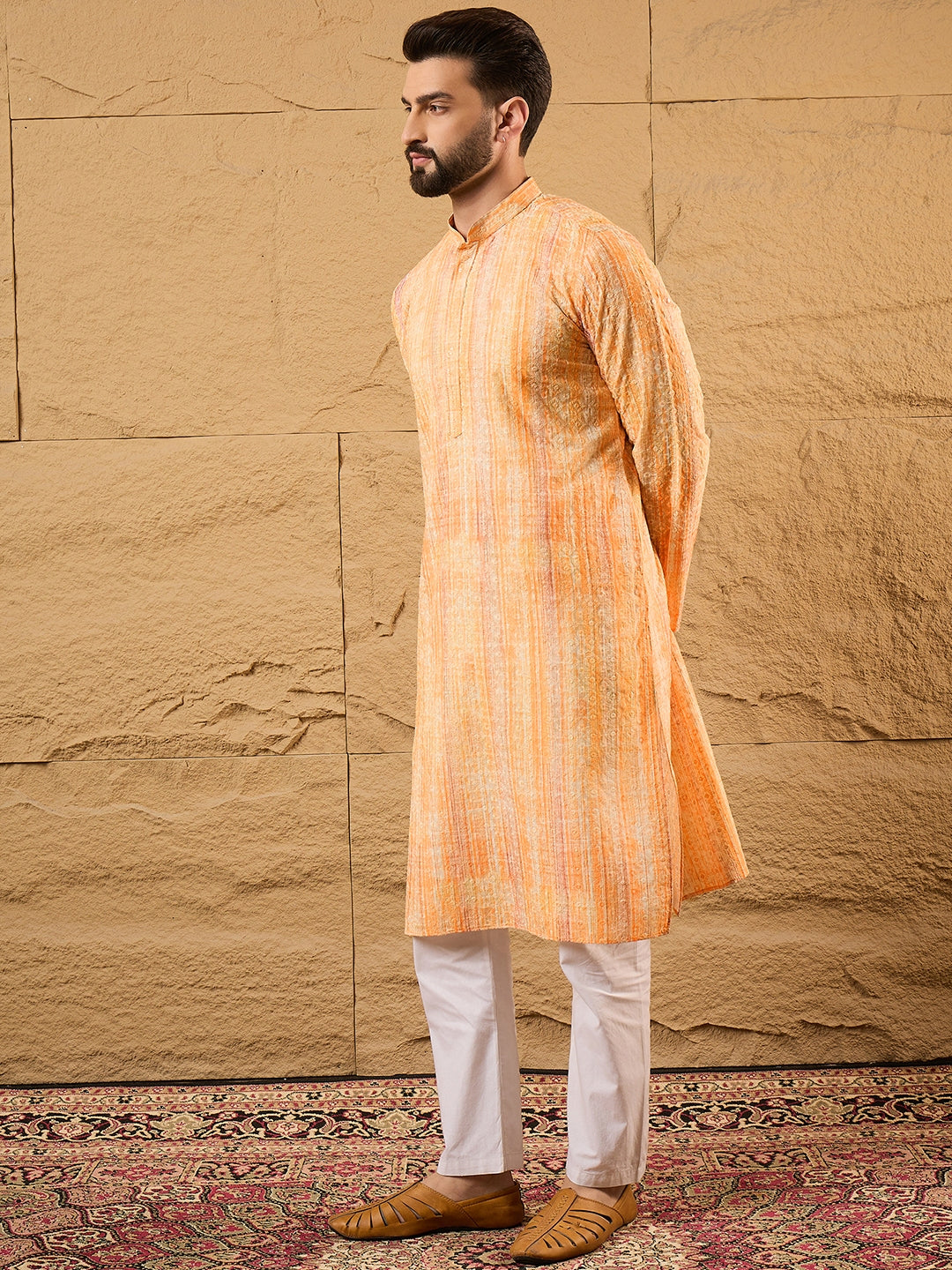 Ethnic Bay Men Orange Viscose Rayon Abstract Embroidered Straight Kurta-MKU1125