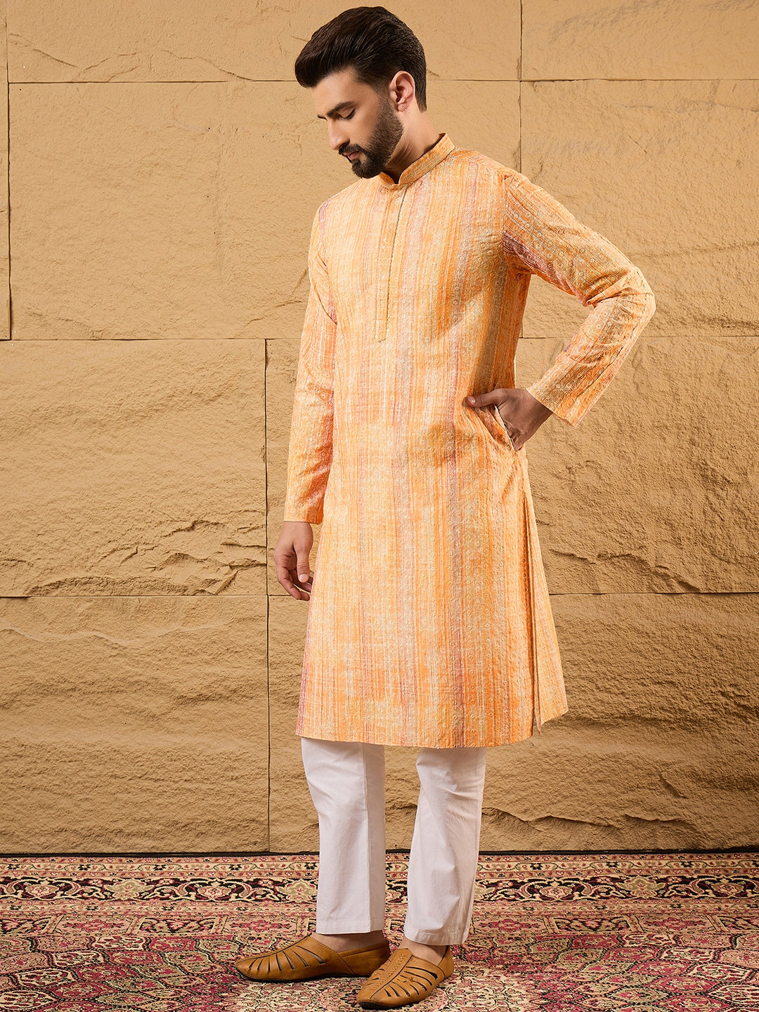 Ethnic Bay Men Orange Viscose Rayon Abstract Embroidered Straight Kurta-MKU1125
