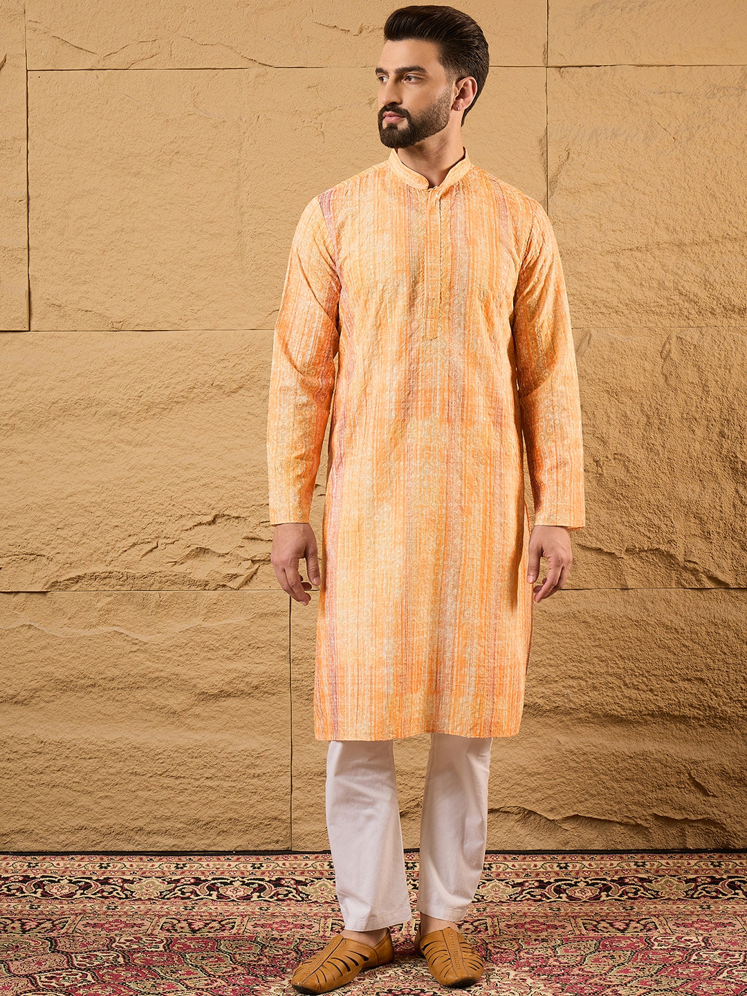 Ethnic Bay Men Orange Viscose Rayon Abstract Embroidered Straight Kurta-MKU1125