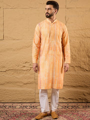 Ethnic Bay Men Orange Viscose Rayon Abstract Embroidered Straight Kurta-MKU1125