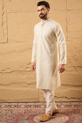 Off White Polyester Embroidered Mandarin Collar Straight Kurta MKU1126