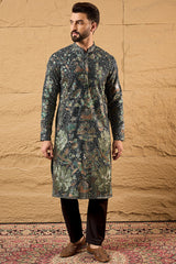 Green Georgette Embroidered Mandarin Collar Straight Kurta MKU1133