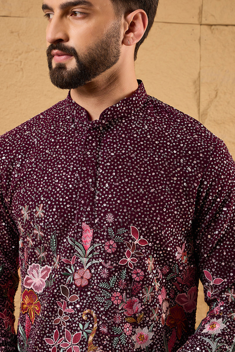 Purple Georgette Embroidered Mandarin Collar Straight Kurta MKU1136