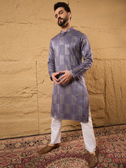 Ethnic Bay Men Purple Silk Blend Solid Embroidered Straight Kurta-MKU1137