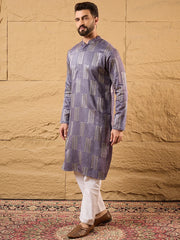 Ethnic Bay Men Purple Silk Blend Solid Embroidered Straight Kurta-MKU1137