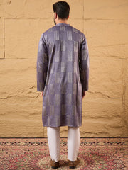 Ethnic Bay Men Purple Silk Blend Solid Embroidered Straight Kurta-MKU1137