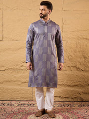 Ethnic Bay Men Purple Silk Blend Solid Embroidered Straight Kurta-MKU1137