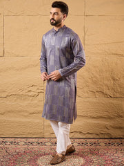 Ethnic Bay Men Purple Silk Blend Solid Embroidered Straight Kurta-MKU1137