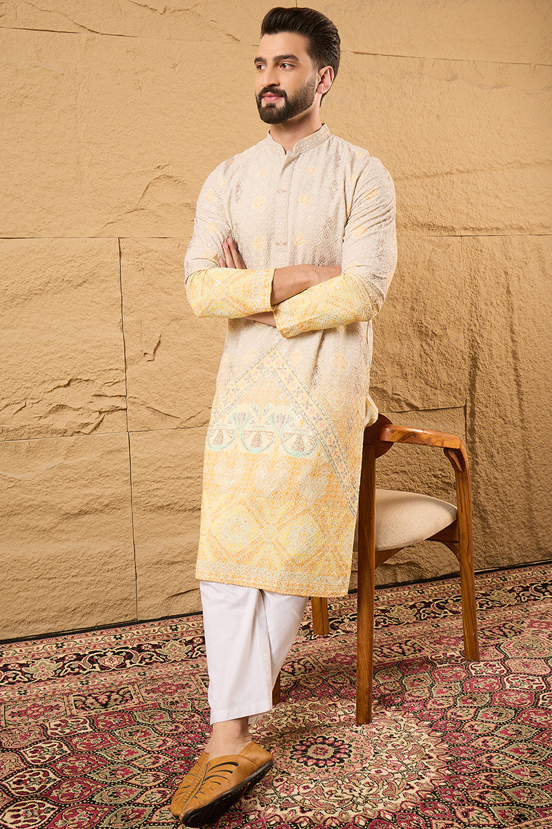 Yellow Ethnic Motif Embroidered Chikankari Straight Kurta HMKU1138 | D