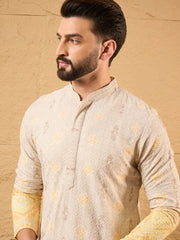 Ethnic Bay Men Yellow Viscose Rayon Ethnic Motifs Embroidered Straight Kurta-MKU1138