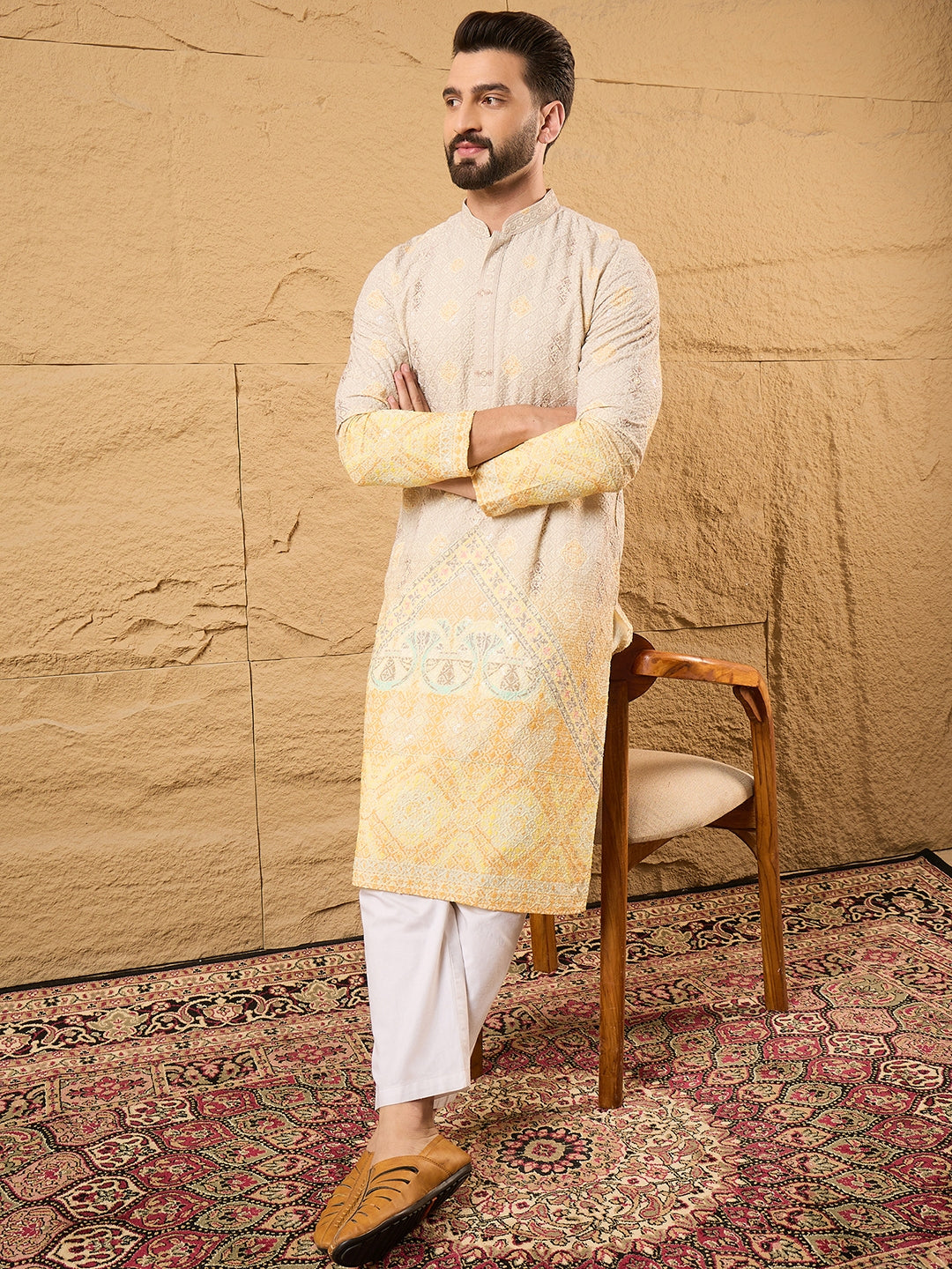 Ethnic Bay Men Yellow Viscose Rayon Ethnic Motifs Embroidered Straight Kurta-MKU1138