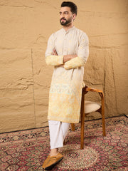 Ethnic Bay Men Yellow Viscose Rayon Ethnic Motifs Embroidered Straight Kurta-MKU1138
