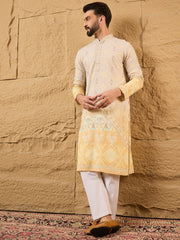 Ethnic Bay Men Yellow Viscose Rayon Ethnic Motifs Embroidered Straight Kurta-MKU1138