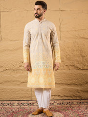 Ethnic Bay Men Yellow Viscose Rayon Ethnic Motifs Embroidered Straight Kurta-MKU1138