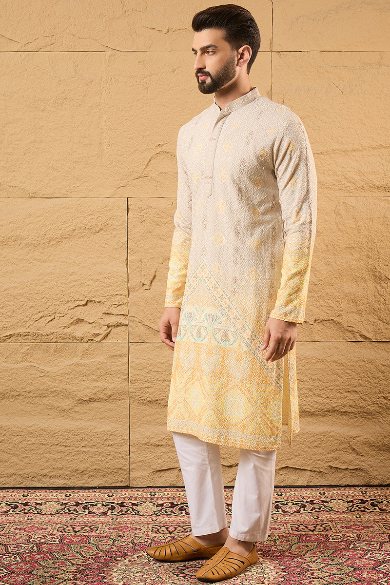 Yellow Ethnic Motif Embroidered Chikankari Straight Kurta HMKU1138 | D