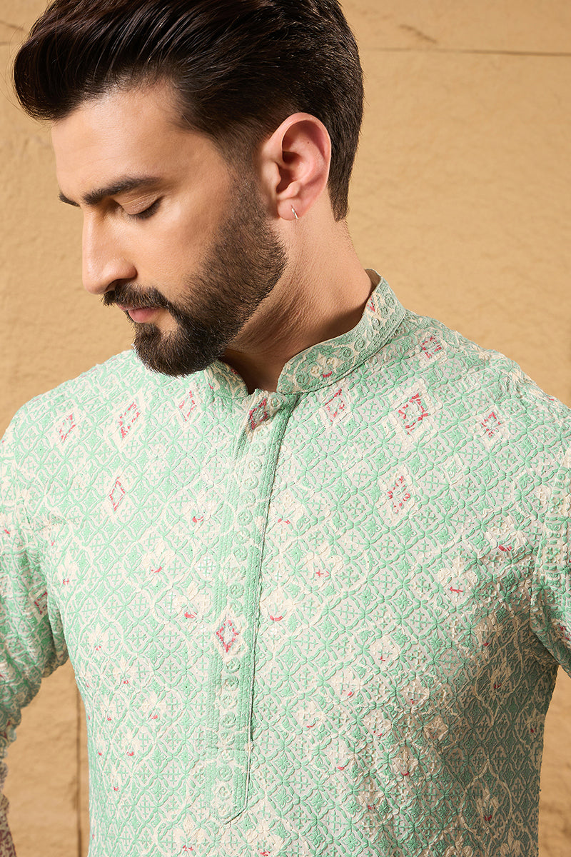Teal Ethnic Motif Embroidered Chikankari Straight Kurta HMKU1139 | Des