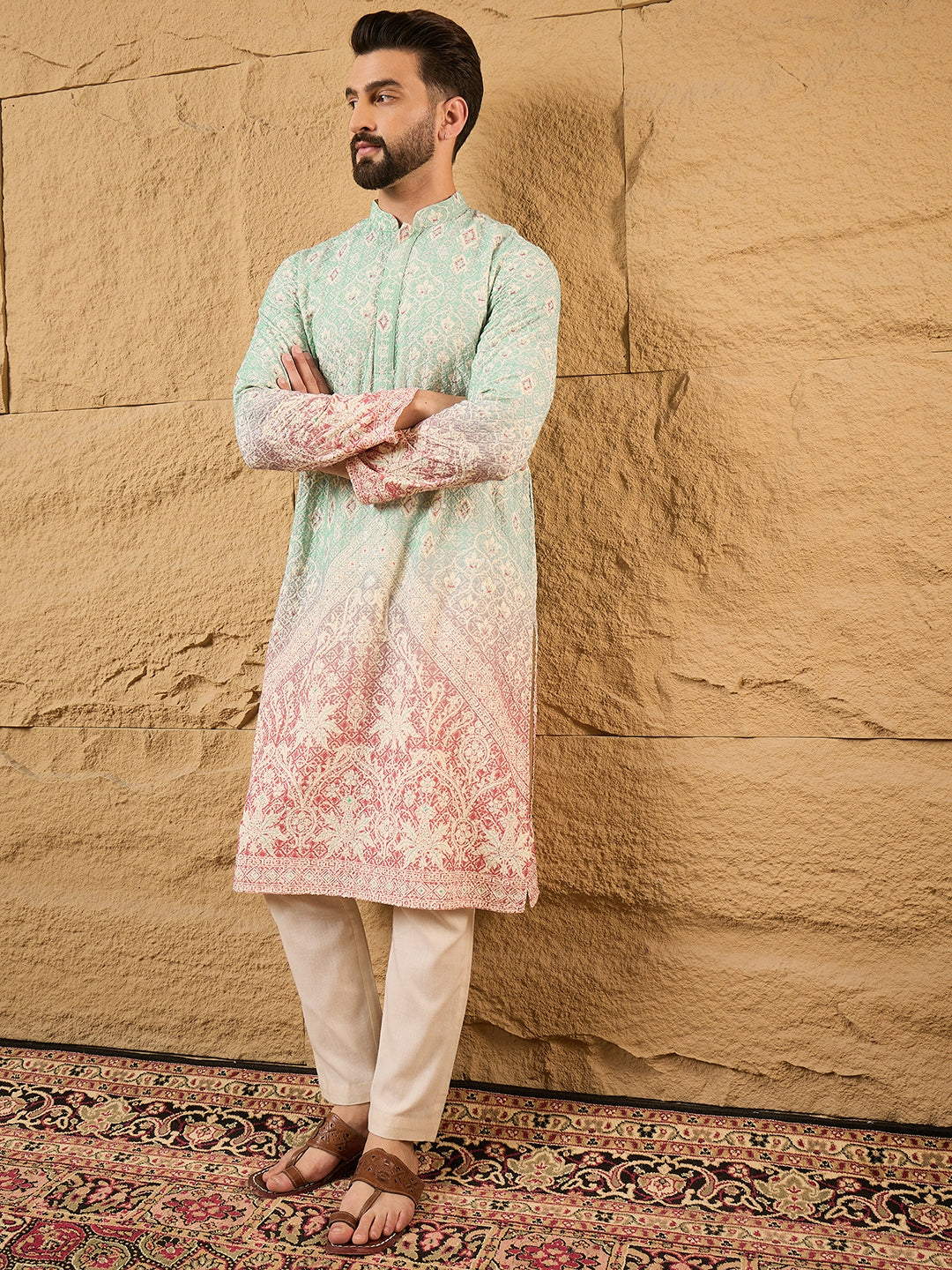 Ethnic Bay Men Teal Viscose Rayon Ethnic Motifs Embroidered Straight Kurta-MKU1139