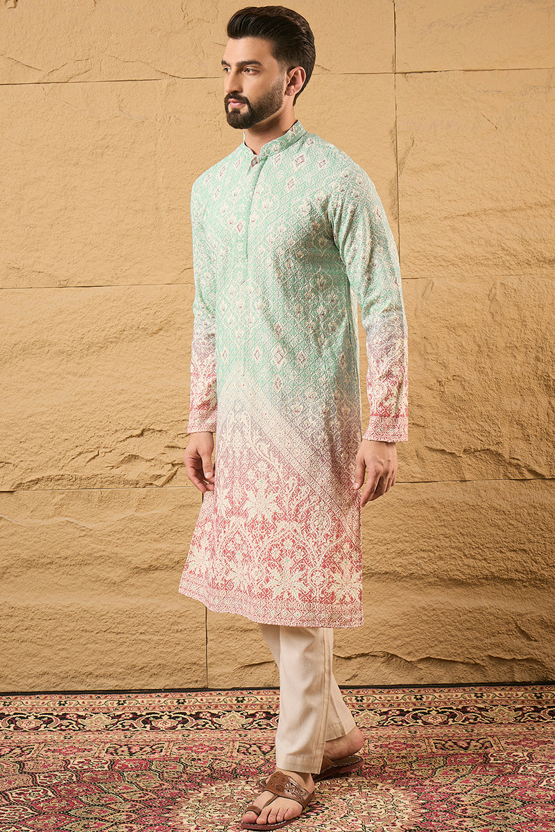 Teal Ethnic Motif Embroidered Chikankari Straight Kurta HMKU1139 | Des
