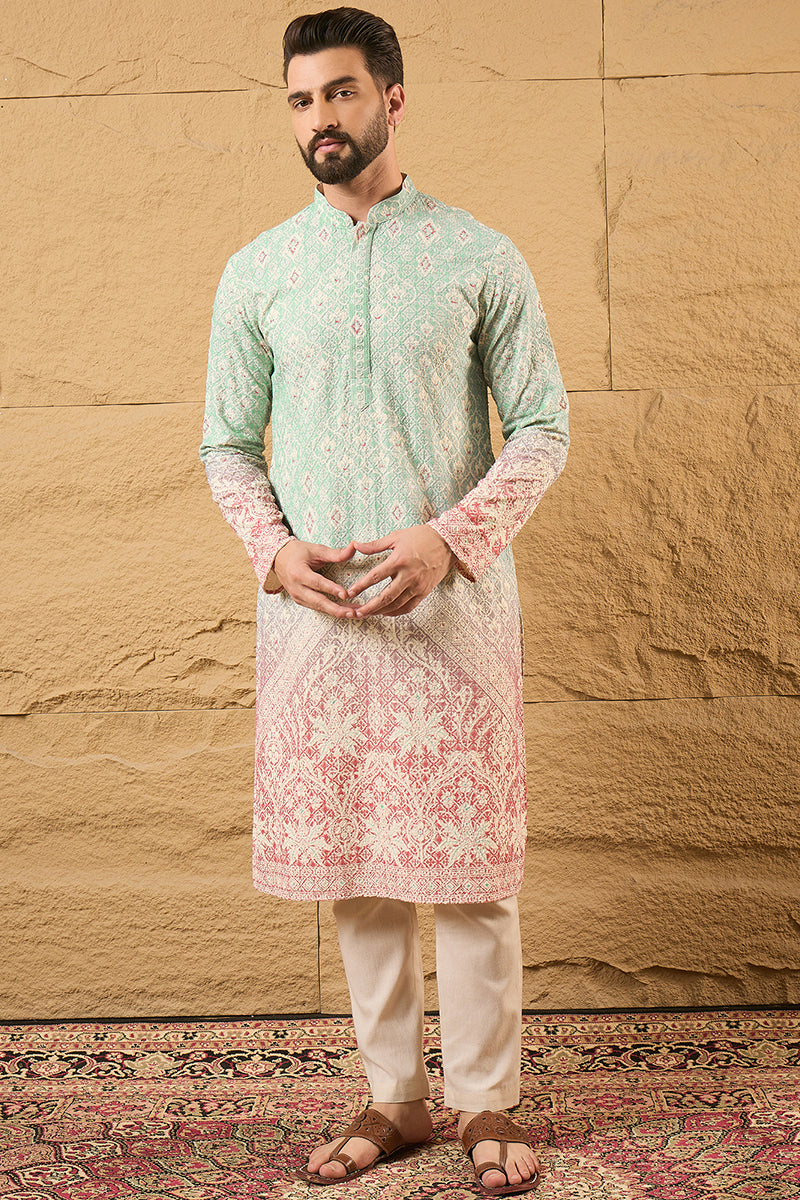 Teal Ethnic Motif Embroidered Chikankari Straight Kurta HMKU1139 | Des