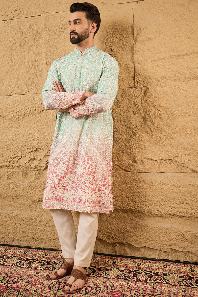 Teal Ethnic Motif Embroidered Chikankari Straight Kurta HMKU1139 | Des