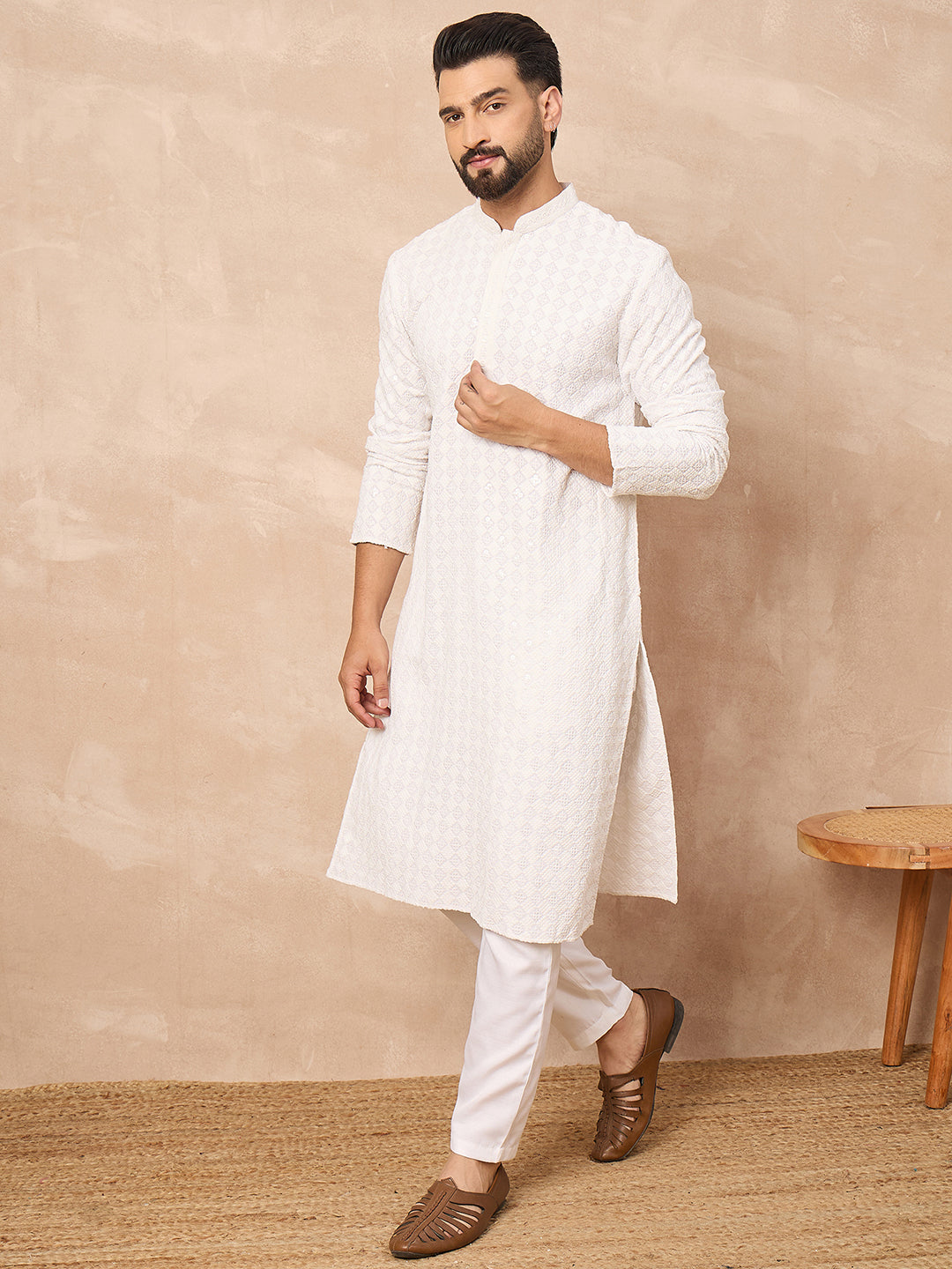 Ethnic Bay Men White Viscose Rayon Solid Embroidered Straight Kurta-MKU1140