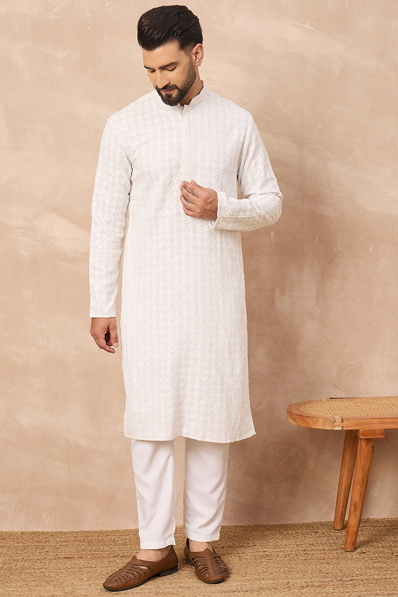 White Viscose Rayon Solid Embroidered Straight Kurta HOPMKU1140 | Desi
