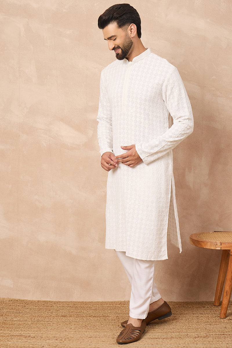 White Viscose Rayon Solid Embroidered Straight Kurta HOPMKU1140 | Desi