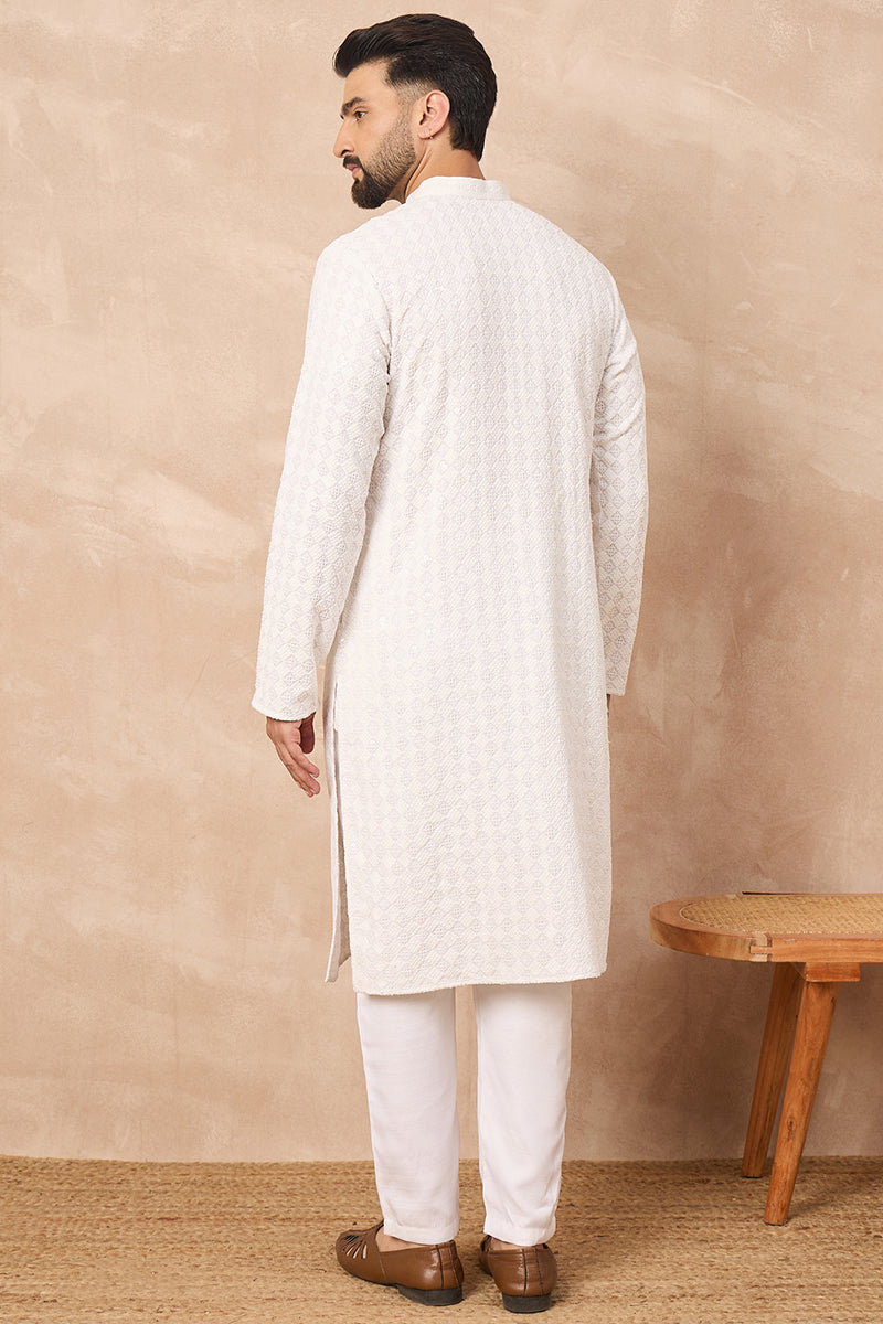 White Viscose Rayon Solid Embroidered Straight Kurta HOPMKU1140 | Desi