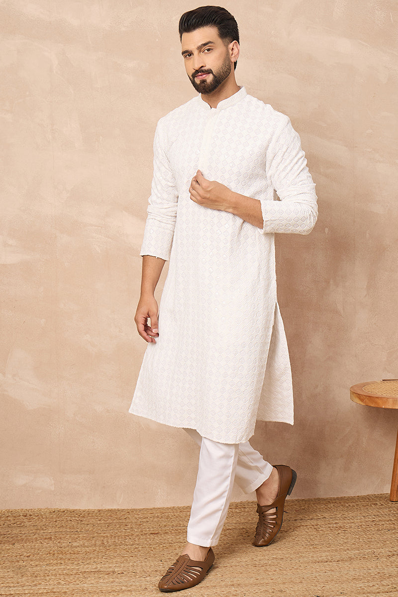 White Viscose Rayon Solid Embroidered Straight Kurta HOPMKU1140 | Desi