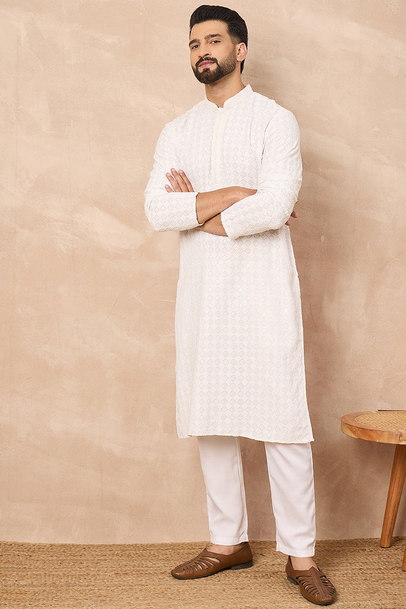 White Viscose Rayon Solid Embroidered Straight Kurta HOPMKU1140 | Desi