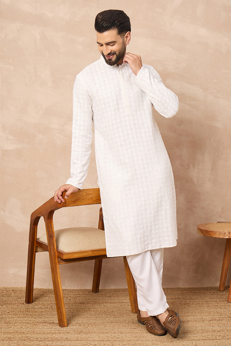 White Viscose Rayon Solid Embroidered Straight Kurta HOPMKU1140 | Desi