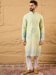 Ethnic Bay Men Green Viscose Rayon Bandhani Embroidered Straight Kurta-MKU1141