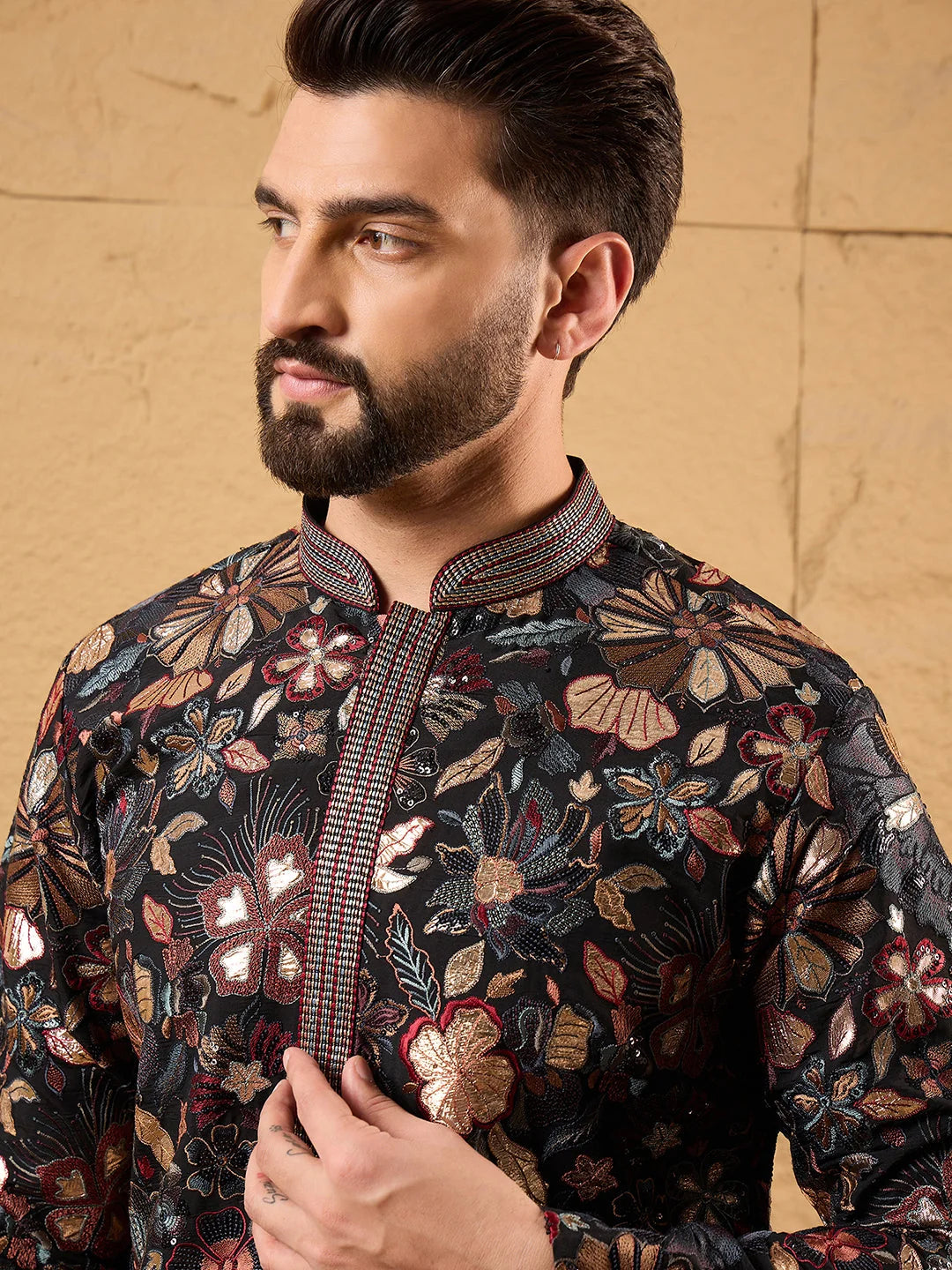 Ethnic Bay Men Black Silk Blend Solid Embroidered Straight Kurta-MKU1153