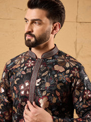 Ethnic Bay Men Black Silk Blend Solid Embroidered Straight Kurta-MKU1153
